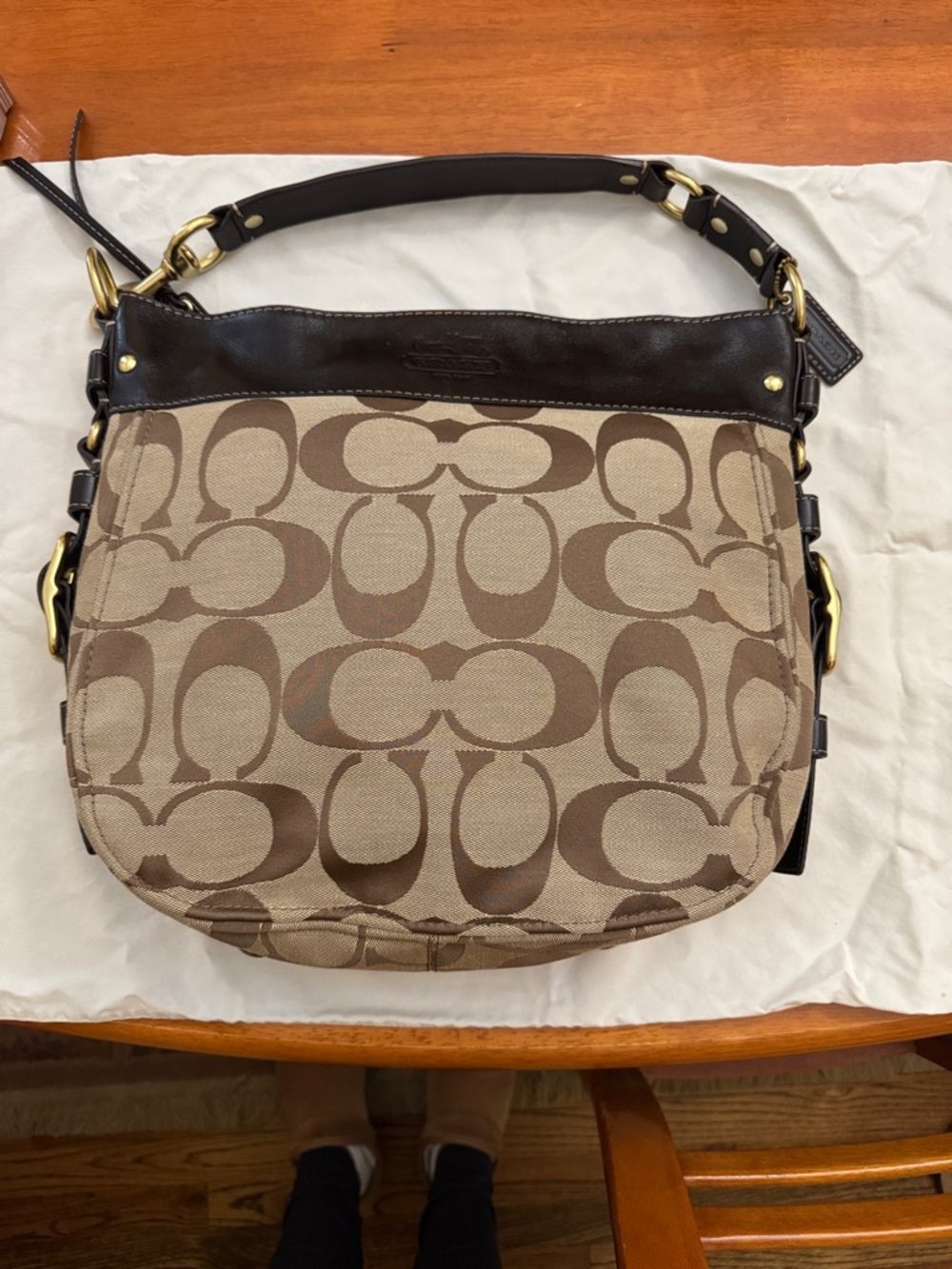 Coach Signature Canvas Shoulder Bag in Beige and Dark Brown